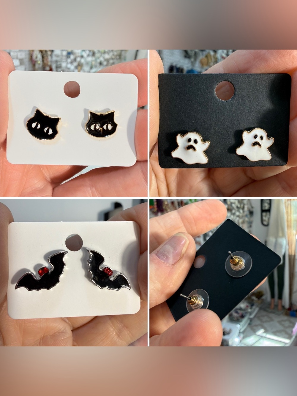 Kids Halloween Cat, Ghost & Bat Stud Earring Set - Black & White
